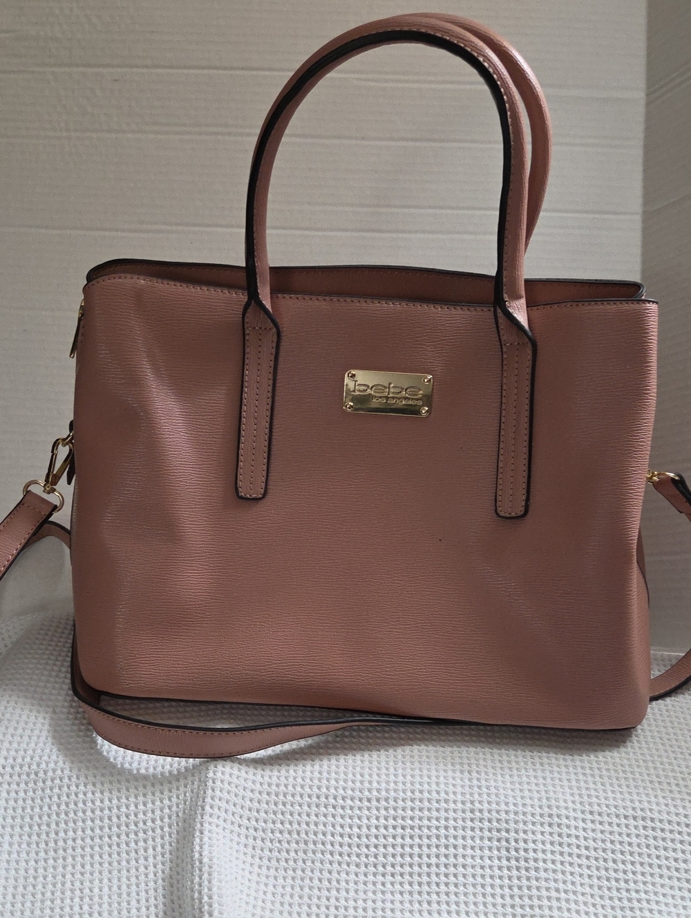 bebe Rose Pink Structured Tote with Gold Plaque